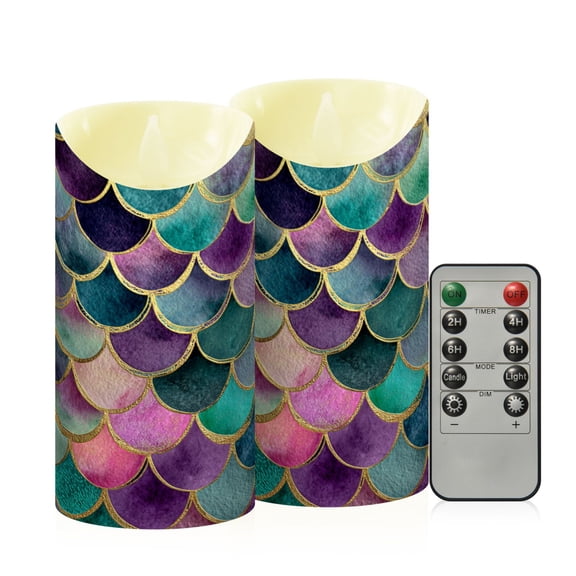 Wobogo Mermaid Scales Flameless Candles with Remote Battery Operated Flickering LED Candles with Timer 2/4/6/8H Medium Size
