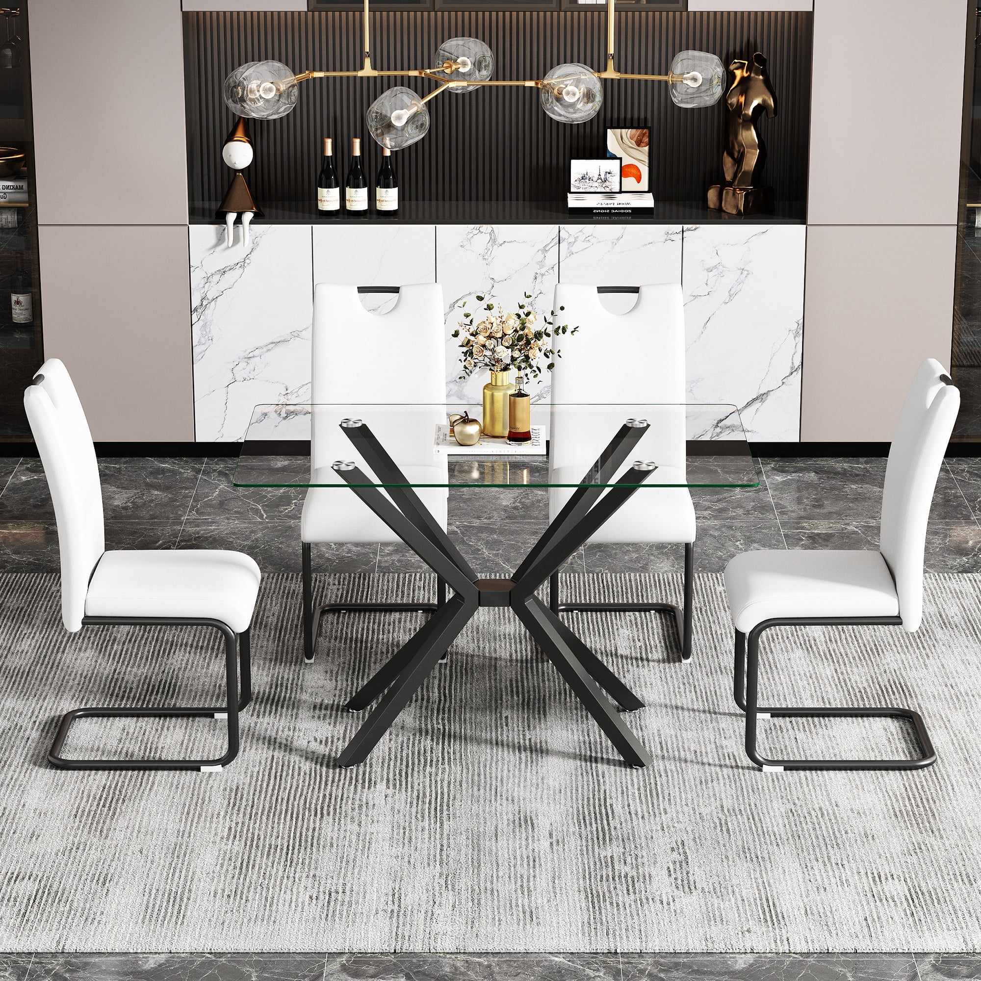 Miniyam 47" Modern Glass Dining Table for 4, Rectangular Tempered Glass Top with Metal Legs, Clear