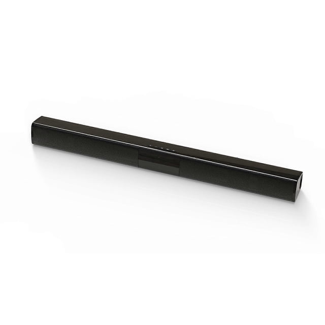barra de sonido para tv de 40 w con bluetooth, inalámbrica y con cable, barra de sonido envolvente para pc, cine en casa, altavoz de tv con radio fm, columna central de música, bs28b 550 x 50 x 50 mm Vista frontal 3/4 de una barra de sonido negra BS28B, silueta rectangular alargada de 550 x 50 x 50 mm con parrilla texturizada en ambos extremos y panel central brillante con controles visibles; fondo blanco minimalista; también adecuada para colocarse delante de un monitor de PC.