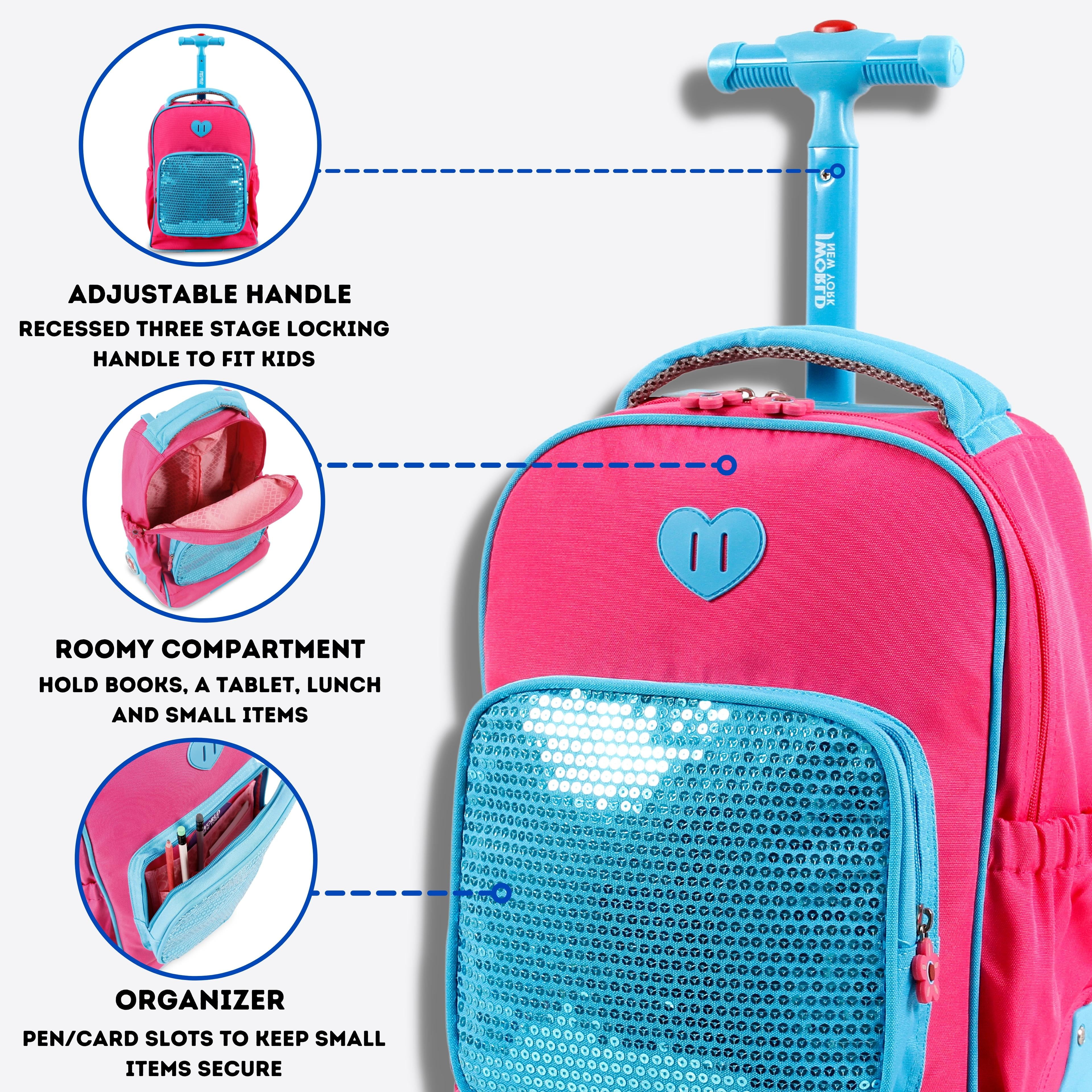 J World Girls Sparkle 15" Kids Rolling Backpack for School and Travel, Pink