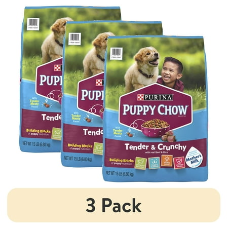 (3 pack) Purina Puppy Chow Dry Dog Food High Protein Tender & Crunchy Real Beef Formula 15 lb Bag