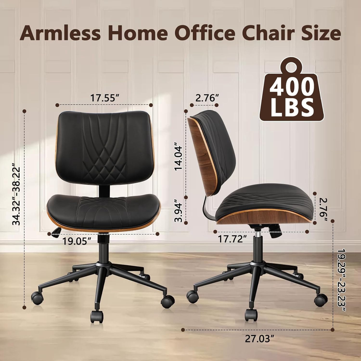 CLATINA Armless Home Office Chair, Desk Chair with Wheels, Adjustable Height Reading Chair, Leather Mid Back & Swivel Computer Chair, Modern Walnut Chairs with Back for Studio Meeting Room(Black)