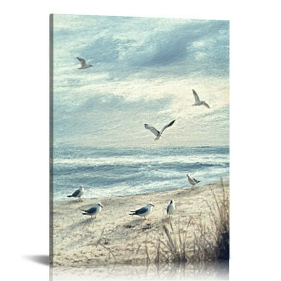 ZFLMY Abstract seaside seagull seascape painting perched birds, seaside coastal beach canvas wall art bathroom living room office decoration 12x16in