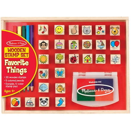 Favorite Things Clear Stamps Melissa & Doug Wooden Stamp Set, Favorite Things, 26 Wooden Stamps, 4-Color Stamp Pad ()