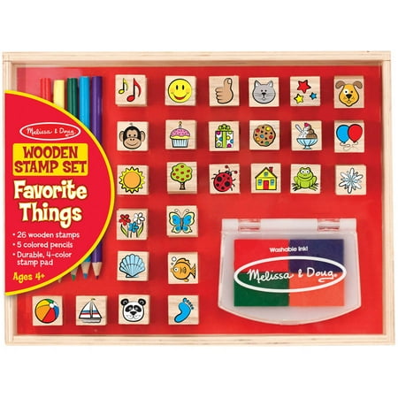 Melissa & Doug Wooden Stamp Set, Favorite Things, 26 Wooden Stamps, 4-Color Stamp Pad