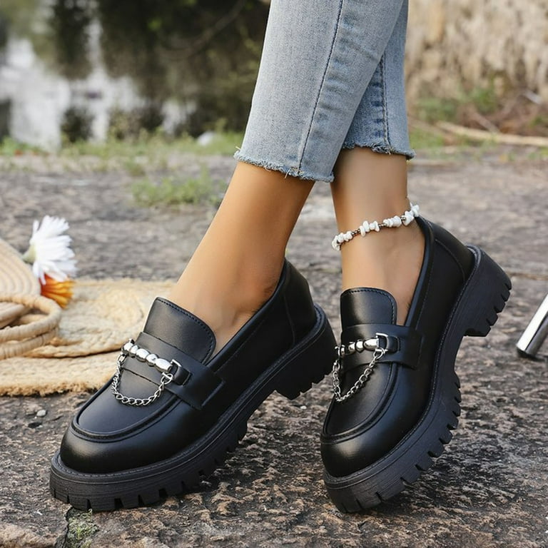 Women's Chunky Heel Loafers Platform Patent Leather Chunky Loafers