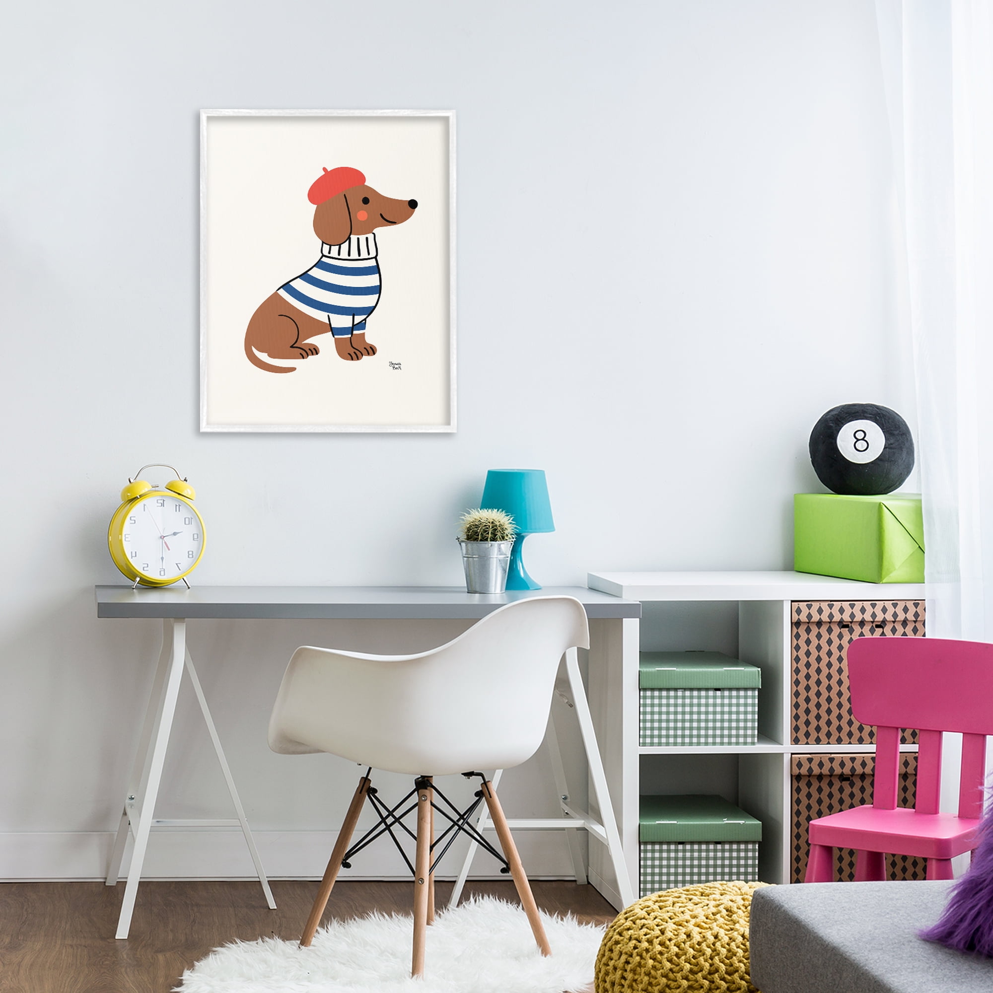 French Dachshund in Beret White Framed Giclee Art, design by Jessica Beck