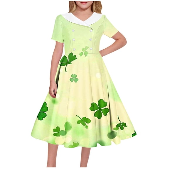 Girls St Patrick's Day Dress Clover Print Sailor Collar Fit & Flare Comfortable Polyester Spandex Spring Party Outfit Sizes 5-14 Green,Size 12-13 T