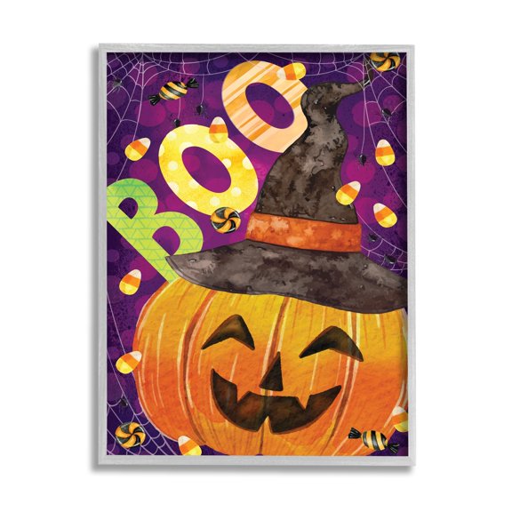 Stupell Industries Boo Jack-o-Lantern Halloween Candy Holiday Painting Gray Framed Art Print Wall Art