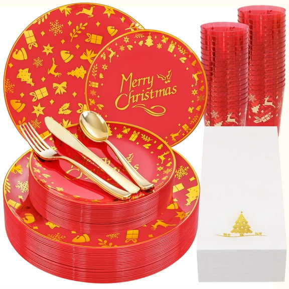 Joyido 175Pcs Christmas Plates Disposable - AFN1Christmas Plastic Plates - Gold Plates Christmas Dinnerware Set for 25 Guests Include 50 Plates, 75 Silverware, 25Cups, 25Napkins for Xmas Party