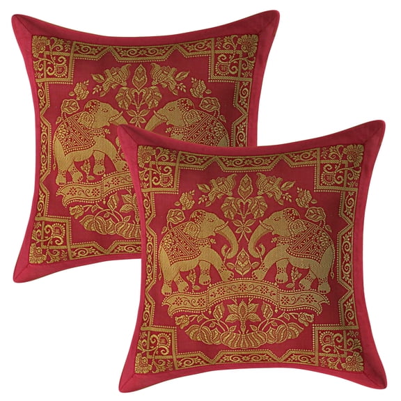 Stylo Culture Ethnic Boho Brocade Pink And Gold Throw Pillow Covers 12x12 Jacquard Weave Banarsi Throw Pillow Cover Sets Elephant Floral 30x30 cm Decorative Cushion Covers (Set Of 2)
