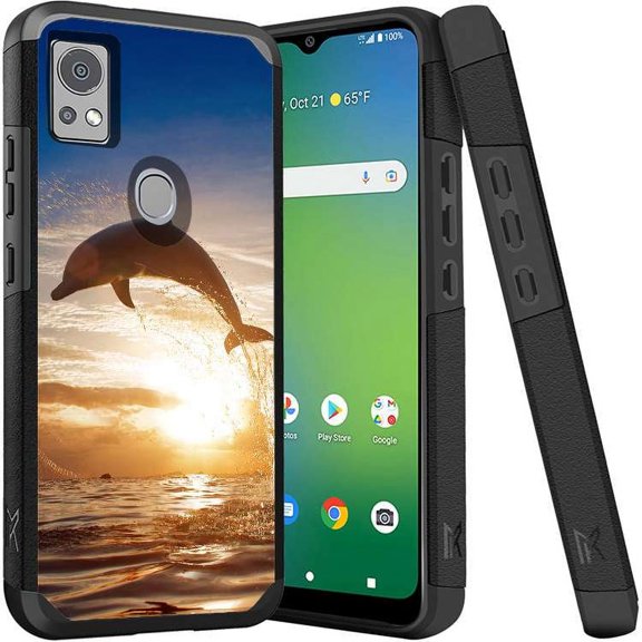 ANJ  Shockproof Dual Layer Slim Hard Case   Tempered Glass Cover Compatible with Icon 5, AT&T Motivate 4 - Jumping Dolphin