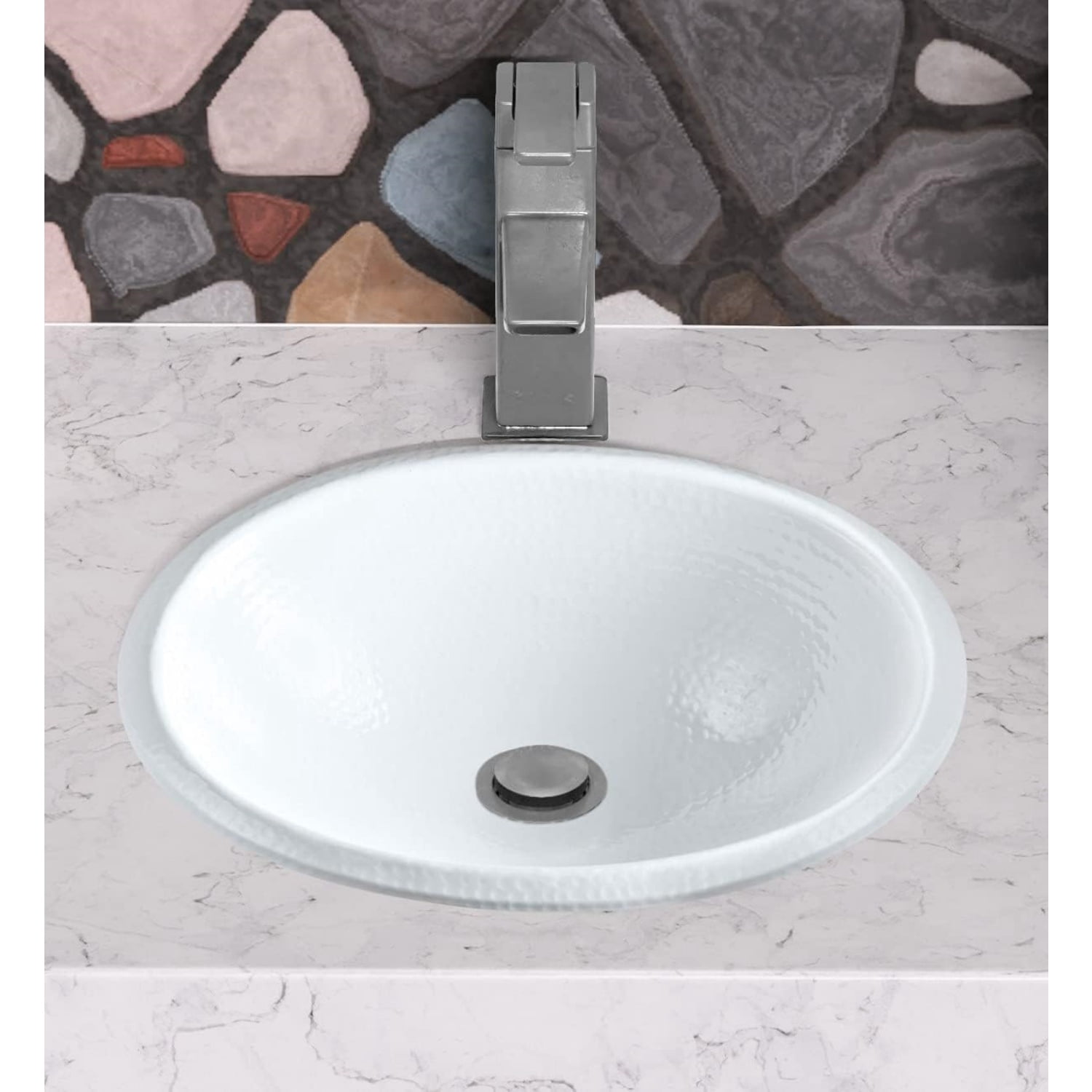 17-Inch Oval Drop In Bathroom Sink, Top Mount Hand Hammered Classic White Vanity Sinks for Countertop, Powder Room, Guest Bath or Restroom, Drop in Sinks for Bathrooms