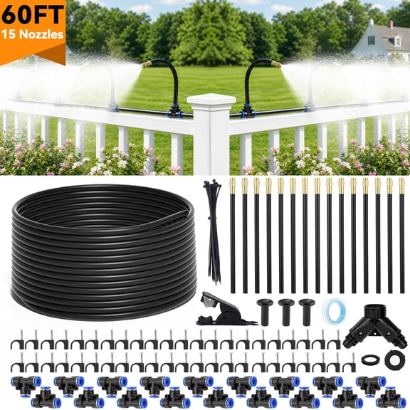 BSHAPPLUS 60FT 5/16"Drip Irrigation System,15Pcs 360° Brass Misting Nozzles, Adjustable Flow & Water Saving Spray for Raised Bed, Pots, & Greenhouse