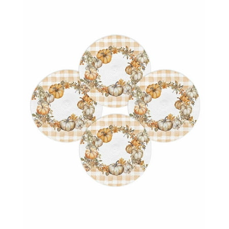 Fall Round Placemats Set of 4 Autumn Leaf Pumpkin Berry Place Mats Thanksgiving Woven Placemat Orange Buffalo Plaid Circle Braided Table Mat for Kitchen Dining Table Autumn Party Home Decor 15 Inch