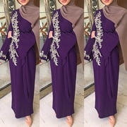 Aellinatey Women Muslim Dubai Abaya Long Sleeve Maxi Dress Floral Lace Beading Hijab Kaftan