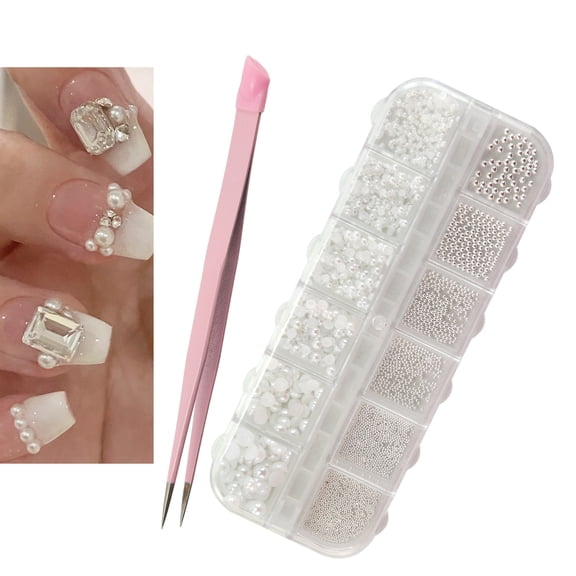 BOROLA Pearl Nail Art Kit with Double-Ended Tweezers, Steel Ball Charms for Nail Design, DIY Crafts, Makeup, Clothing & Phone Decoration(12 Grids, Pearl)
