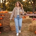thumbnail image 5 of Women's Plaid Stand Collar Cropped Jacket Long Sleeve Full Zip Loose Casual Lightweight Outerwear with Pockets, L, 5 of 6