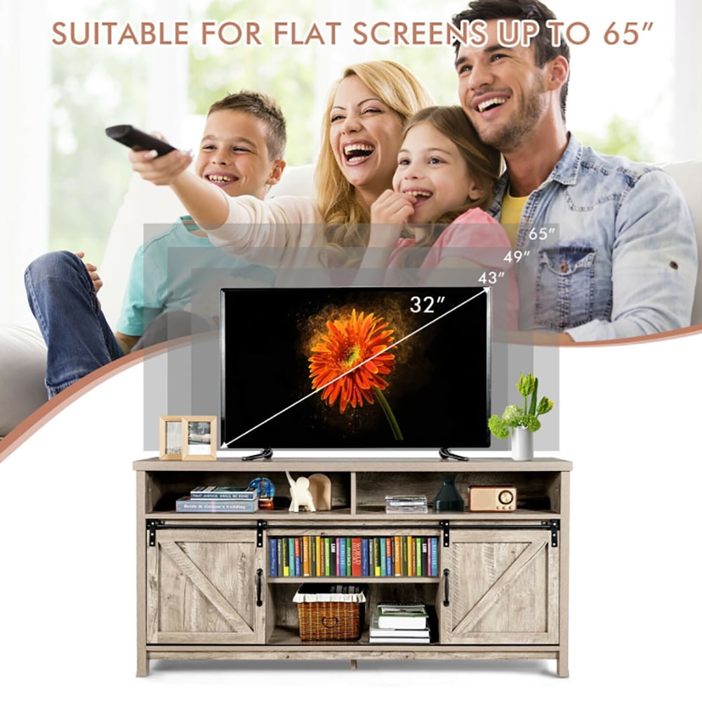 Finihen TV Stand, TV Cabinet, 59 Inch Sliding Barn Door TV Stand with Adjustable Shelves for TVs up to 65 Inch, for Living Room, Bedroom, Light Brown