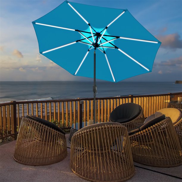 9 Ft Led Light Bars Patio Outdoor Umbrella Solar Power Market Table Fade Resistant Umbrella With Push Button Tilt Crank And 8 Sturdy Ribs Solar Led Lake Blue Walmart Com Walmart Com