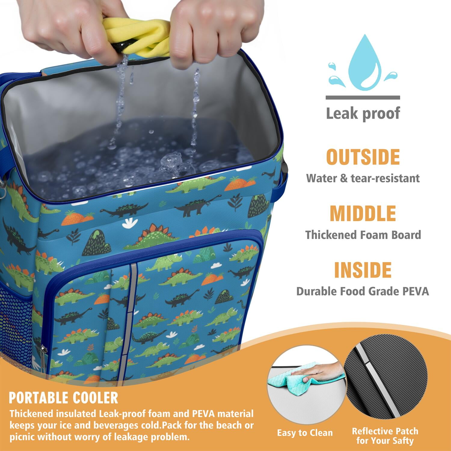 Travel Cooler Bag - Blue Cartoon Dinosaurs Mountains Pattern Camping Beer Cooler Backpack with Bottle Opener- Waterproof Insulated Picnic Backpacks - Cooler Bag for Beach