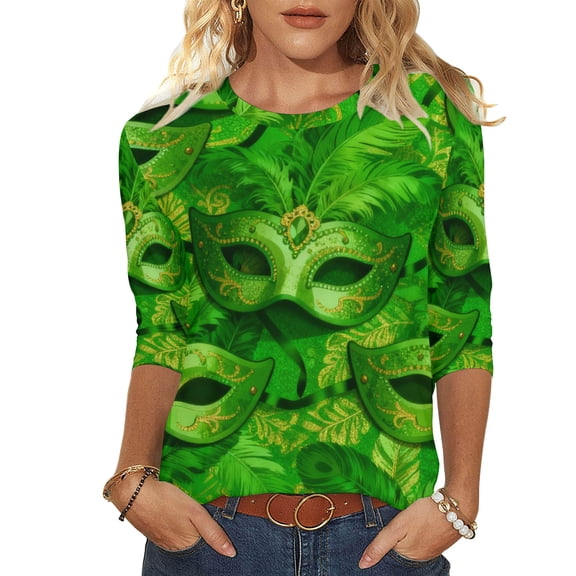 Xdegoge Mardi Gras Tops for Women 3/4 Sleeve Mask Print Crew Neck Carnival Festival Outfits Shirt