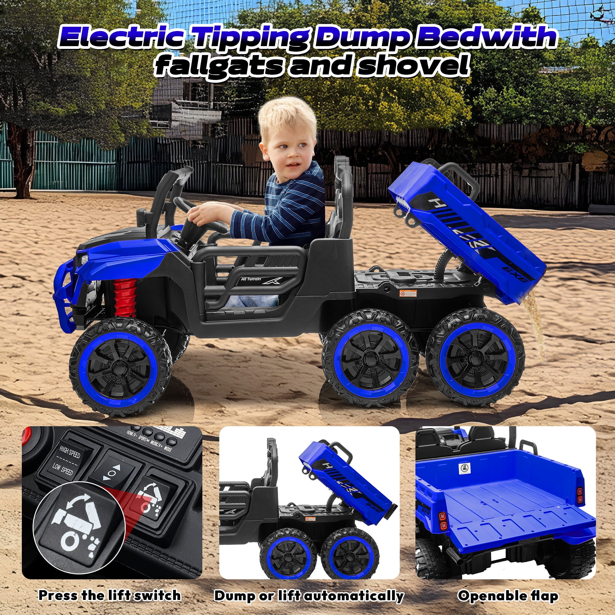 Letsgokid 24V 2-Seater Ride On Dump Truck with Remote Control, 4WD 6-Wheel Electric Car for Big Kids with Electric Dump Bed, 20in Seat, 400W Powerful Motor, LED Lights, Music, Ages 3+