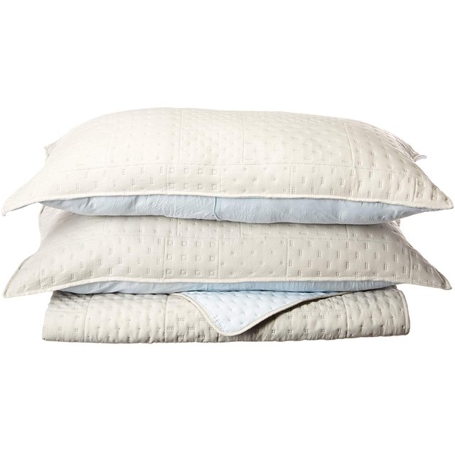 KASENTEX Quilted Coverlet 3-pc Mini Bedding Set - All Season Lightweight Ultra Soft Stone Washed Blanket - Heat-Pressed 2-Tone Reversible Color, King + 2 King Shams, Fairest Grey/Sky Blue