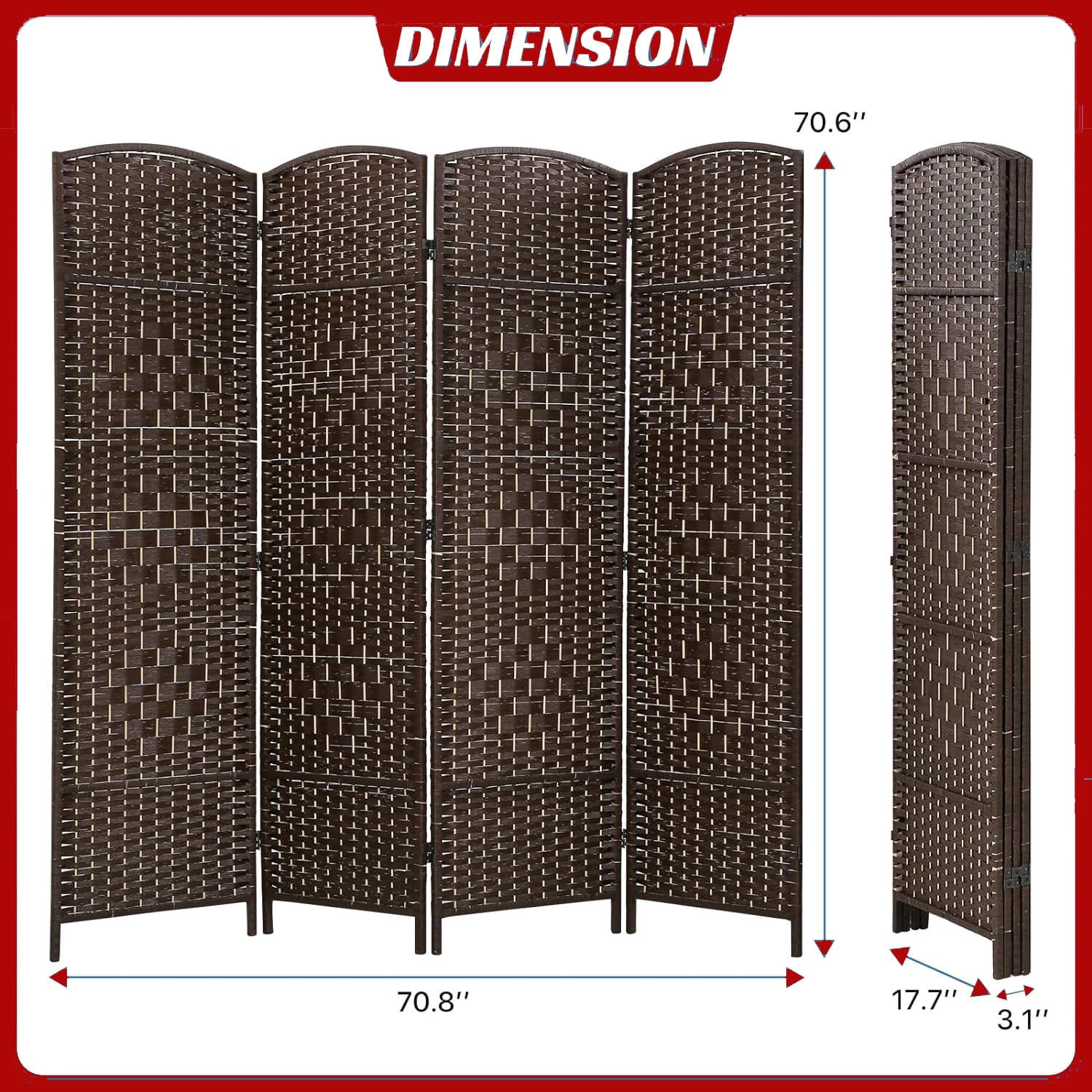 4-Panel Rattan Room Divider, Freestanding Folding Privacy Screen for Indoor Use,  Brown
