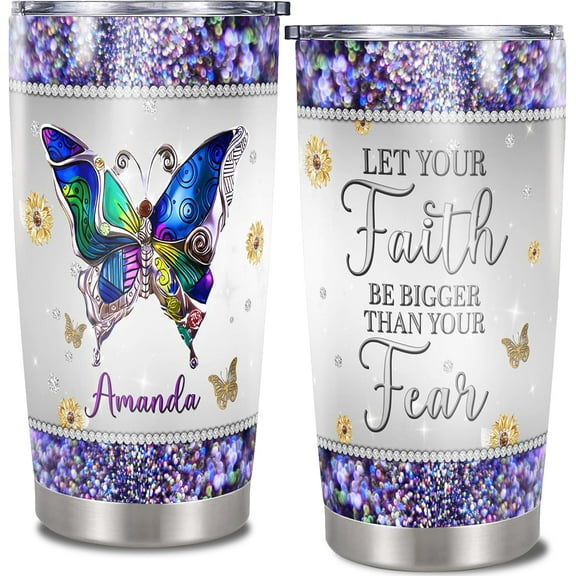 Personalized Christian Tumbler Faith Be Bigger Than Fear Inspirational Cup Stainless Steel Religious Travel Coffee Mug 20oz Faithful Women's Gifts for Her Birthday