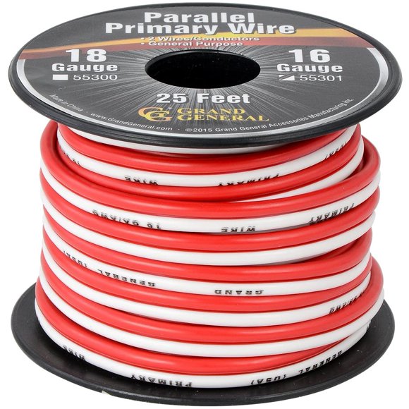 Grand General 55301 Rouleau Primaire Parallèle de 2 Fils de 25 Pieds avec Bobine pour Camions, Automobiles et Plus – Rouge et Blanc