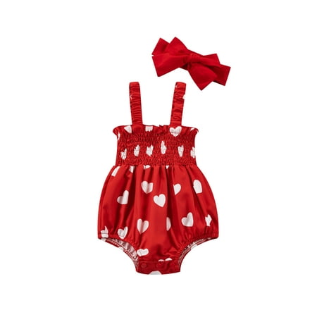 

MERSARIPHY Baby Girls Romper Outfit Heart Printing Suspender Jumpsuit Headwear