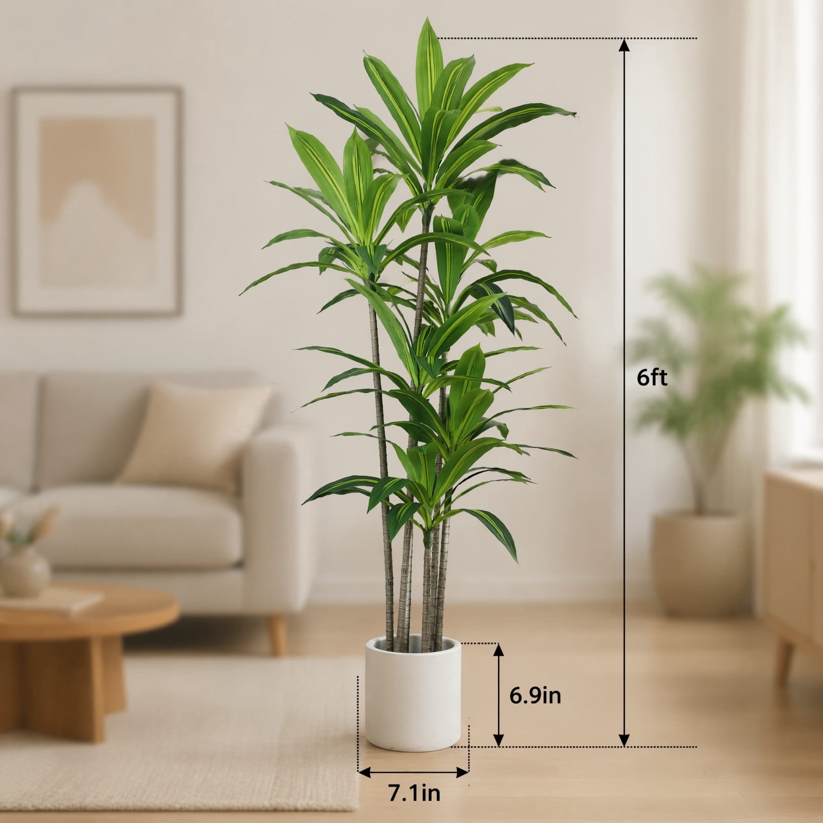 BEAUTYPEAK 6FT Artificial Dracaena Tree Fake Plants for Indoor Outdoor Decor, Upgraded White Pot