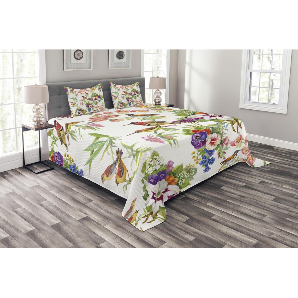 Floral Bedspread Set King Size, Watercolor Wild Exotic Mockingbirds and Spring Flowers Branches