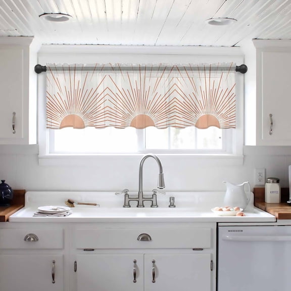Orange Sunshine Valance Curtains for Kitchen/Living Room/Bathroom/Bedroom Window, Lines Retro Abstract Middle Century Rod Pocket Small Topper Half Short Window Curtains Voile Sheer Scarf 54"x18"