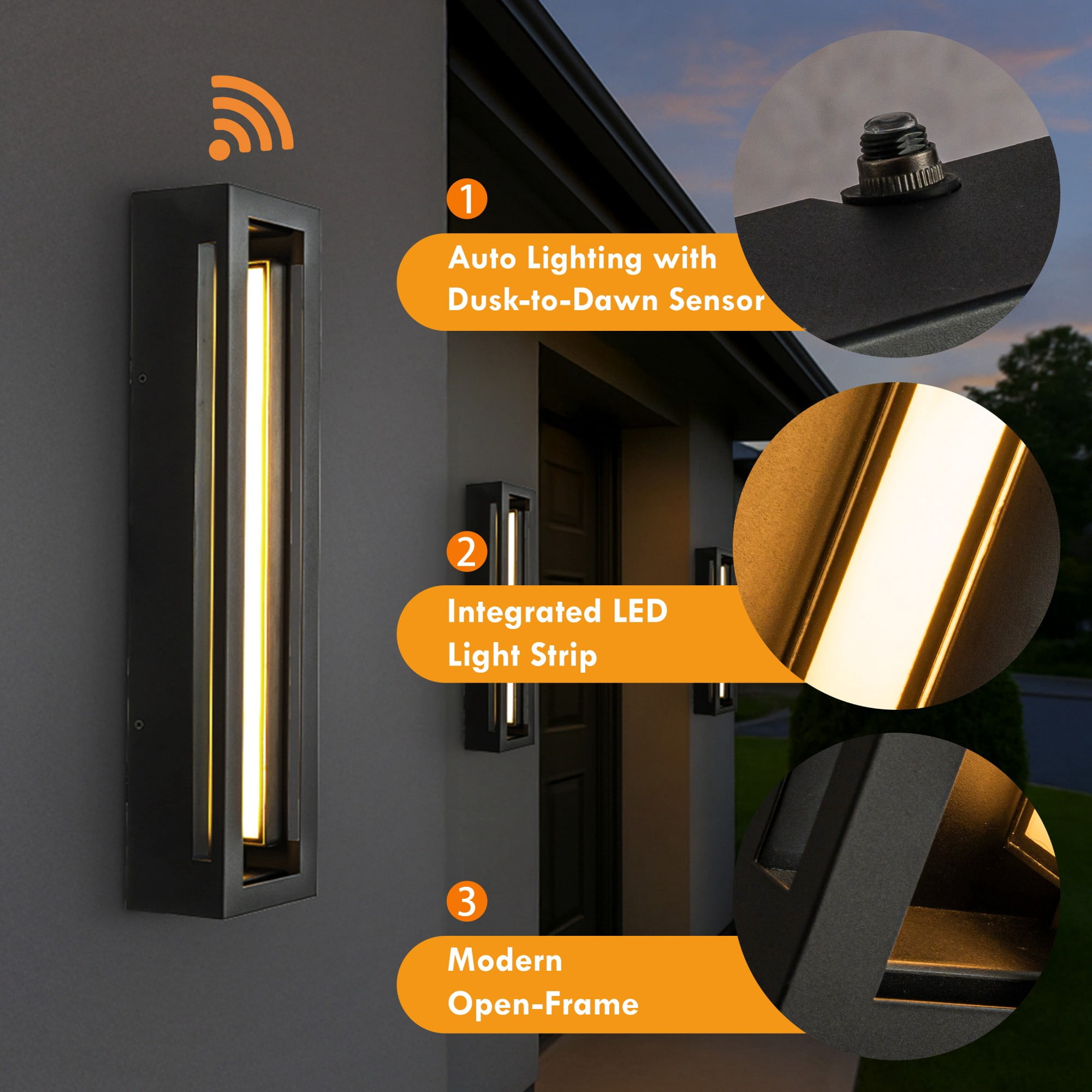 H20" Modern Outdoor Wall Light with Dusk to Dawn Sensor Linear Matte Black 30W Integrated LED Wall Sconce with Acrylic Shade for Porch Garage Entryway