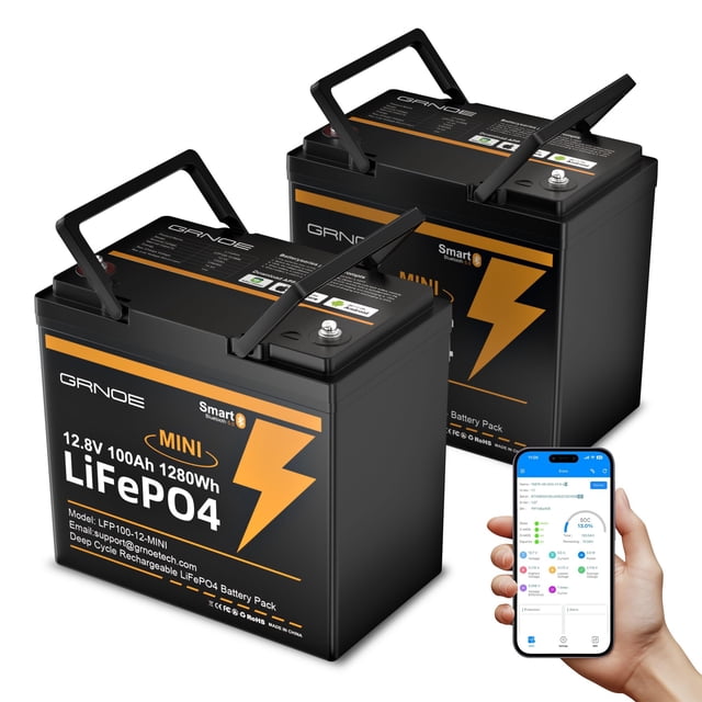 Batería GRNOE 12V 100Ah LiFePO4 Paquete de 2 con Bluetooth