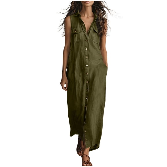 Lmueinov Women's Cotton-Linen Blend Sleeveless Button Down Shirt Maxi Dress, Collared Casual Long Dress with Pockets S-2XL