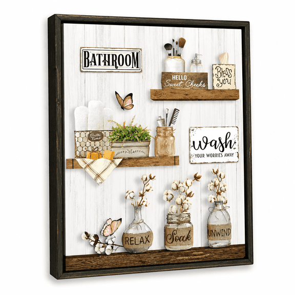 FURVENA 2026 New Farmhouse Bathroom Decor Wall Art Rustic Flower&Butterfly Bathroom Pictures Canvas Print Country Bathroom Wall Decor Soak Relax Unwind Bathroom Wall Art Handmade Wood Framed