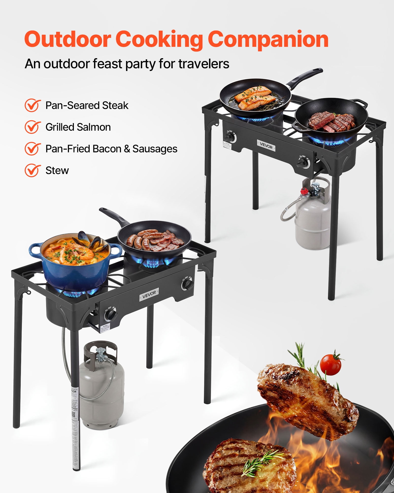 VEVOR 2 Burner Outdoor Propane Gas Stove, 150,000 BTU Propane LPG Gas Camping Stove, Heavy Duty Carbon Steel Outdoor Cooker, with Shield & Tall Stand & PSI Regulator, for BBQ Camp Home Patio Backyard