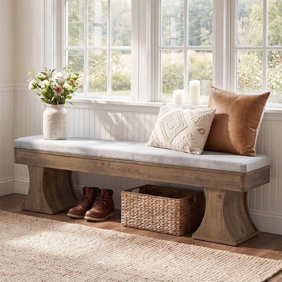 Finmind 63.39" Entryway Bench with Cushion, Farmhouse Wood Bench, End of Bed Bench for Bedroom, Living Room, Hallway