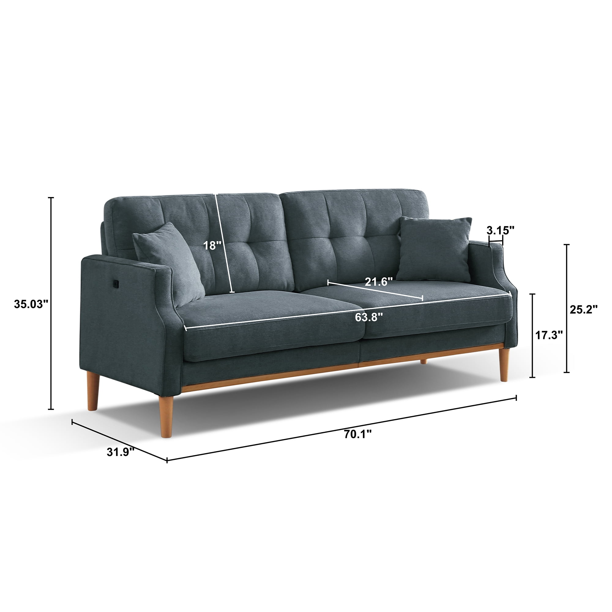 MAYEERTY 3-Seater Sofa – Waterproof Fabric, High-Density Foam, USB Charging, Dark Blue