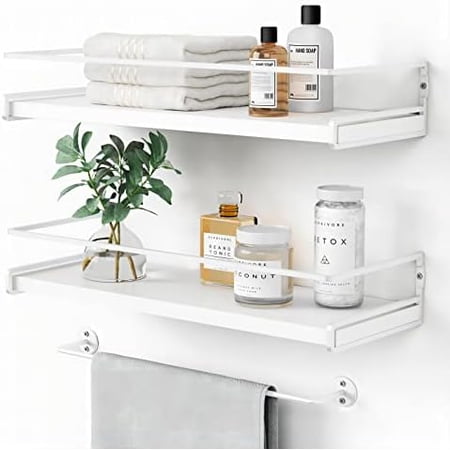 White Floating Shelves for Bathroom Organizer Over Toilet, Bathroom Shelves Wall Mounted with Towel Rack, Corner Wall Shelf for Bedroom Decor Kitchen Storage (White-Dark Grey, Set of 2)
