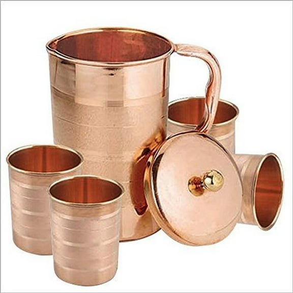 Ayurveda Pure Copper Plain Luxury 1500 ML Jug with 4 Copper Tumbler Set