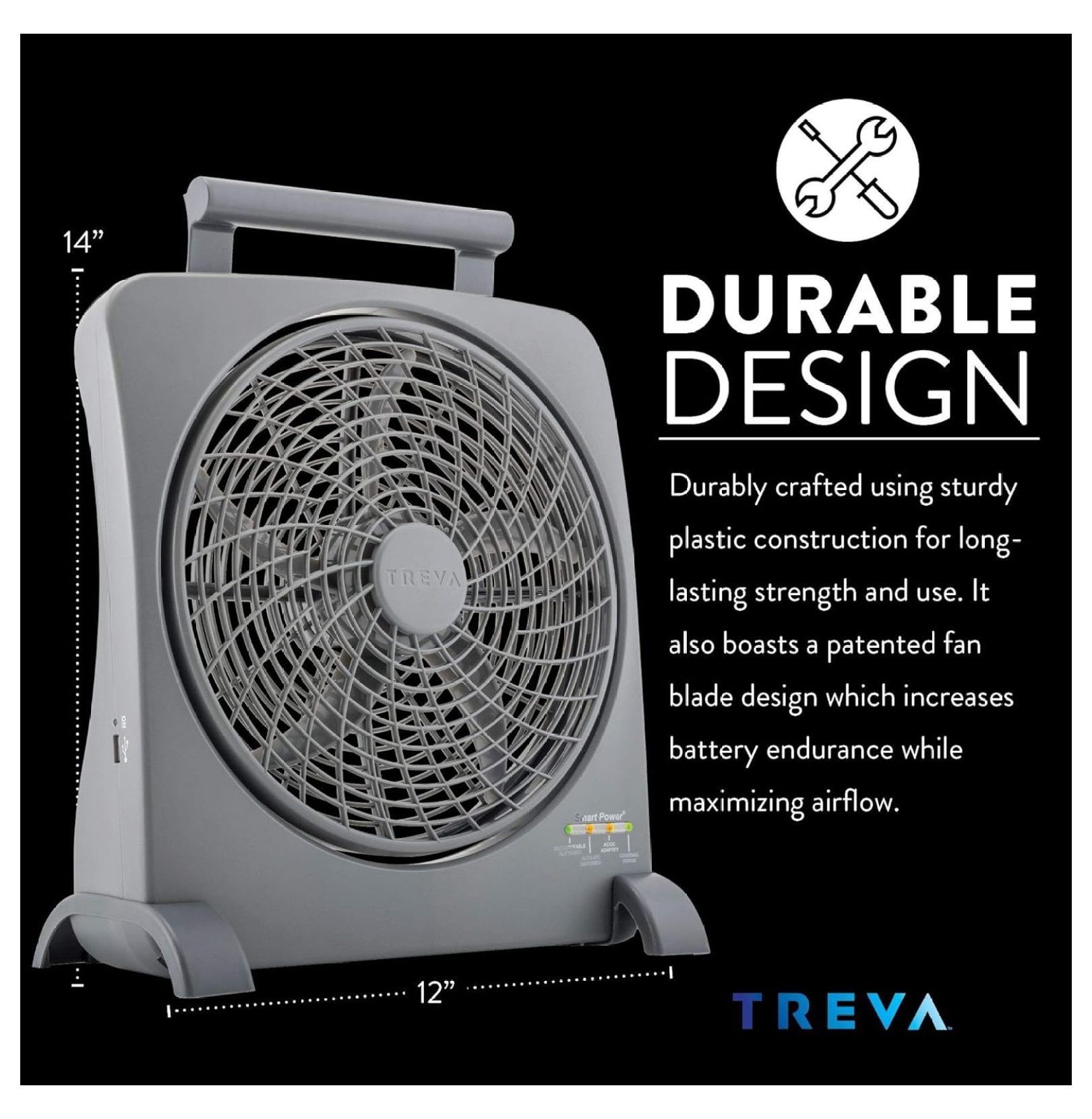 Treva 10 inch Rechargeable Portable Fan Smart Power Air Circulator. Plug-In Adapter and Battery Powered, USB Charging Port, For Camping Travel and Indoors Use