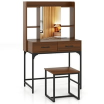 Gymax Vanity Set w/ Mirror Cabinet Modern Makeup Vanity Table w/ Stool 2 Drawers