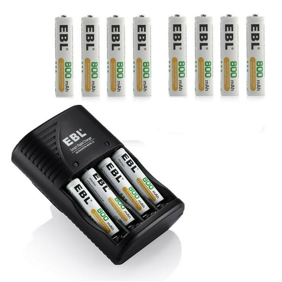 EBL Rechargeable AAA Batteries 800mAh (12 Packs) with Smart Rapid Battery Charger with AC Wall Plug for AA AAA 9V Ni-MH Ni-CD Rechargeable Batteries