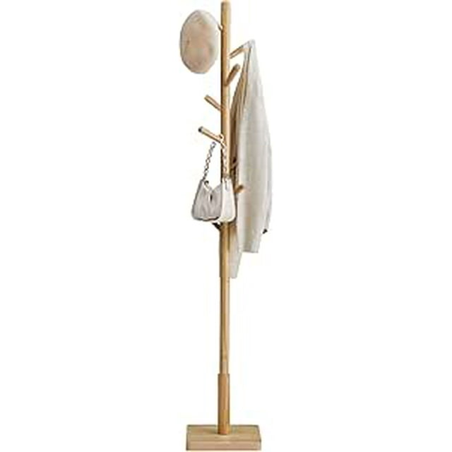 VASAGLE Solid Wood Coat Rack, Free Standing Hall Coat Tree with 8 Hooks, 3 Height Options, for Coats, Hats, Bags, Purses, for Entryway, Hallway, Rubberwood Hooks and Pole, Natural Beige