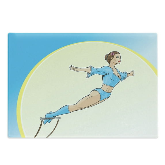 Circus Cutting Board, Cartoon Style Demonstration of a Young Woman Trapeze Artist Performing, Decorative Tempered Glass Cutting and Serving Board, in 3 Sizes, by Ambesonne
