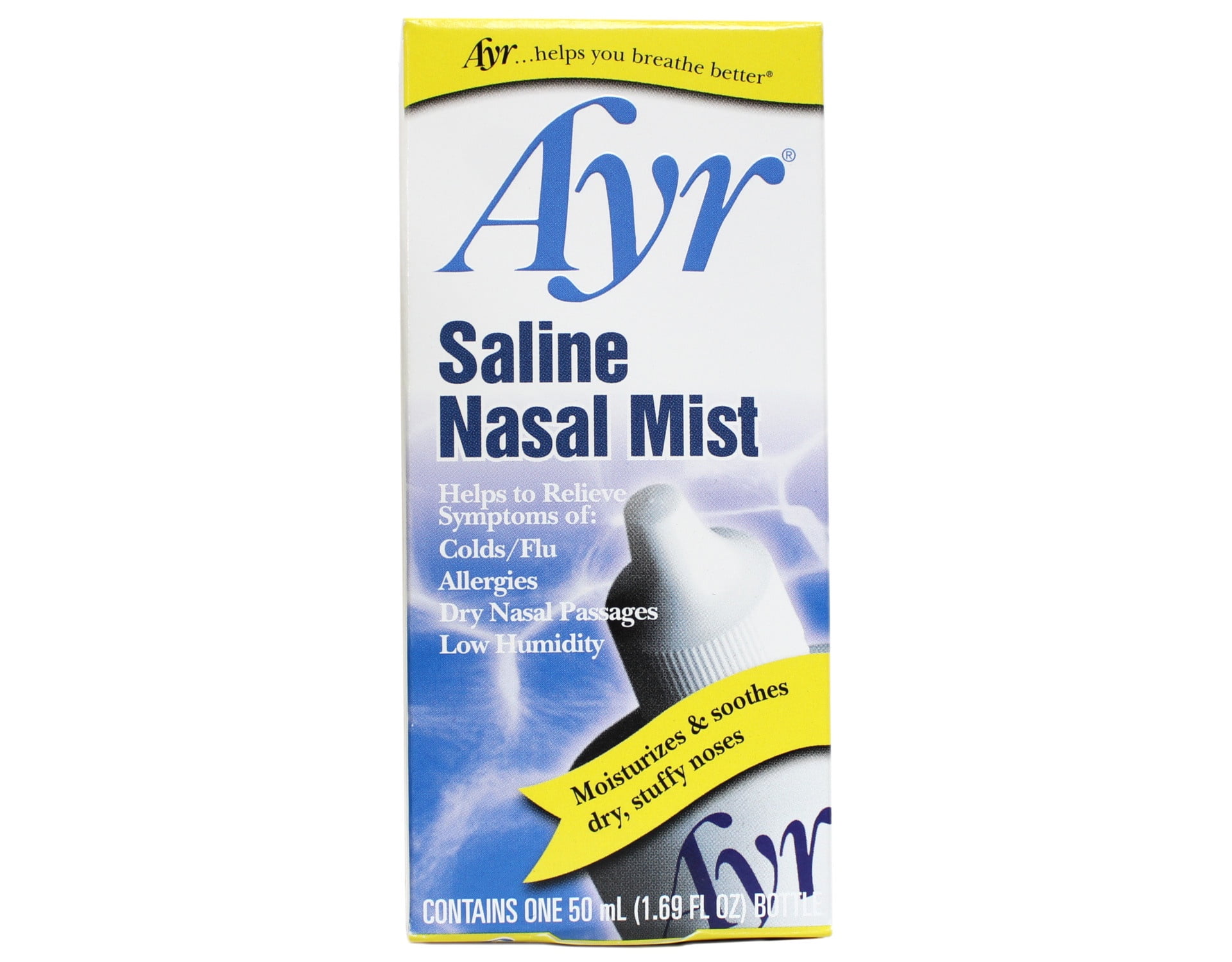 Ayr Saline Nasal Mist, Moisturizes & Soothes Dry Stuffy Noses, Helps Relieve Symptoms of Colds, Flu, Allergies, and Dry Nasal Passages 1.69 fl oz